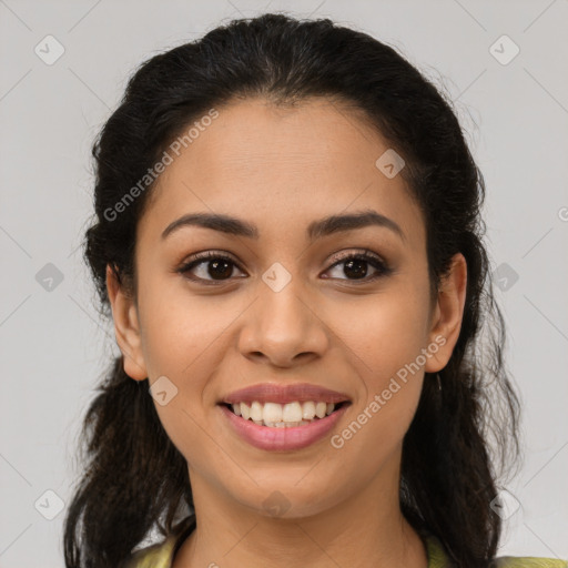 Joyful latino young-adult female with medium  brown hair and brown eyes