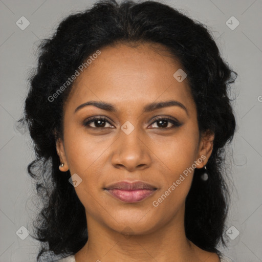 Joyful black young-adult female with medium  black hair and brown eyes