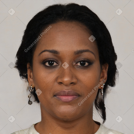 Joyful black young-adult female with medium  black hair and brown eyes