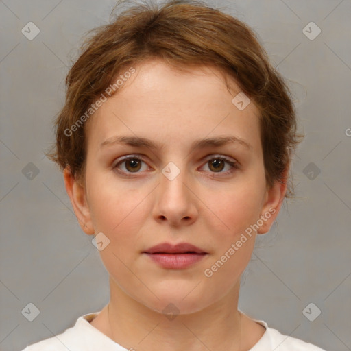 Neutral white young-adult female with short  brown hair and brown eyes