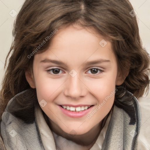 Joyful white child female with long  brown hair and brown eyes