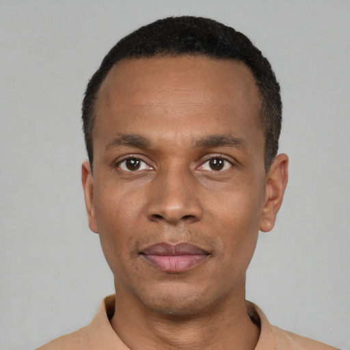 Neutral latino adult male with short  black hair and brown eyes