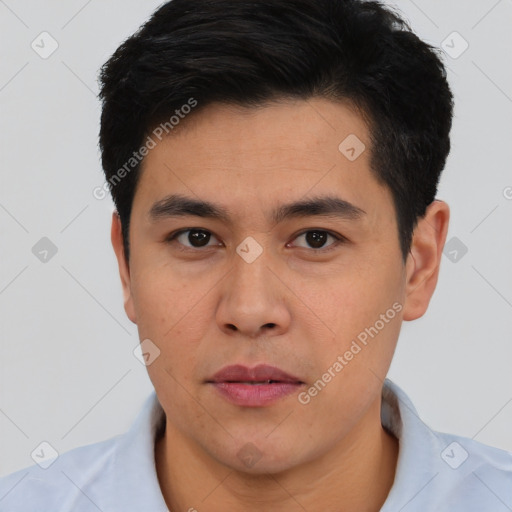 Neutral asian young-adult male with short  black hair and brown eyes