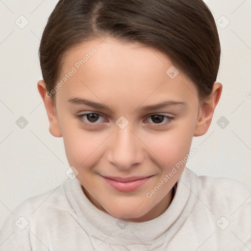 Joyful white child female with short  brown hair and brown eyes