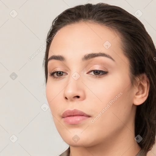 Neutral white young-adult female with medium  brown hair and brown eyes