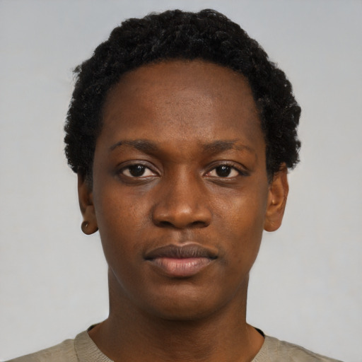 Neutral black young-adult female with short  black hair and brown eyes