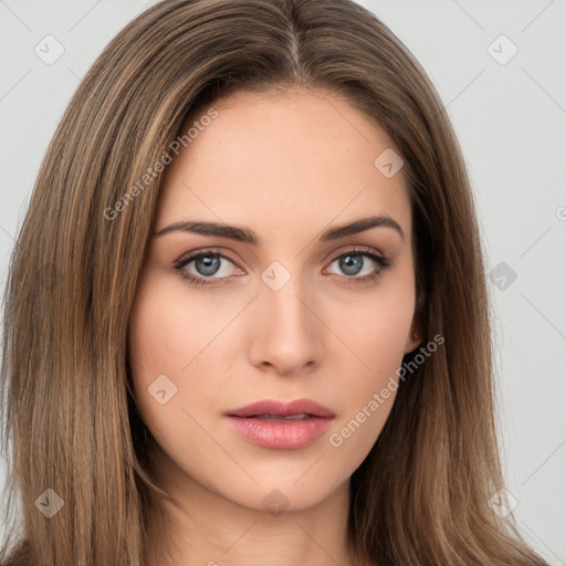 Neutral white young-adult female with long  brown hair and brown eyes