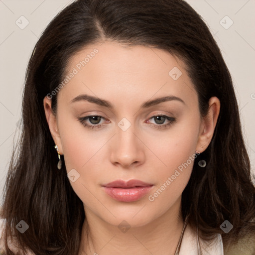 Neutral white young-adult female with long  brown hair and brown eyes