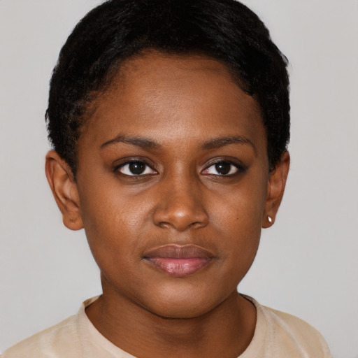 Neutral black young-adult female with short  brown hair and brown eyes