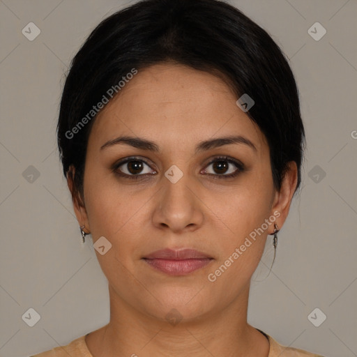 Joyful latino young-adult female with medium  brown hair and brown eyes