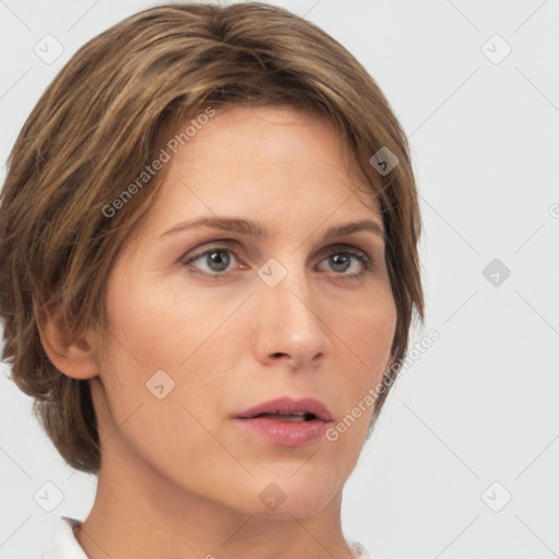 Neutral white young-adult female with medium  brown hair and brown eyes