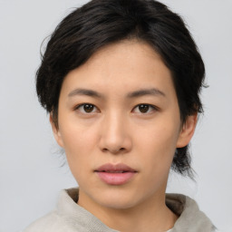 Neutral asian young-adult female with medium  brown hair and brown eyes