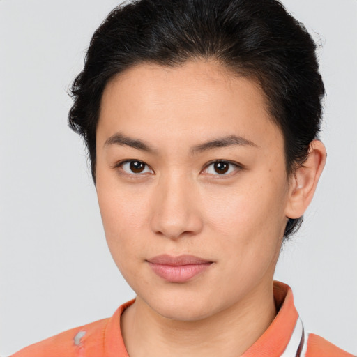 Neutral asian young-adult female with short  brown hair and brown eyes