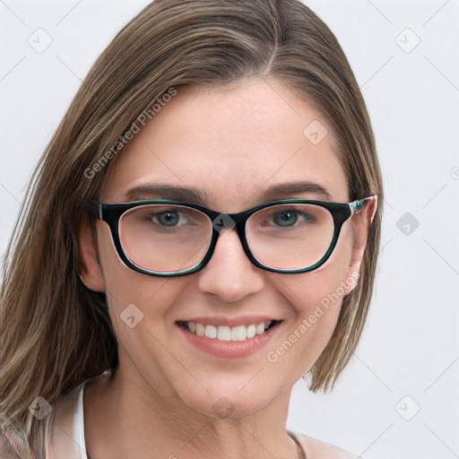 Joyful white young-adult female with medium  brown hair and blue eyes