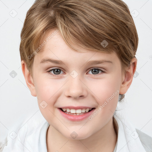 Joyful white child female with medium  brown hair and grey eyes