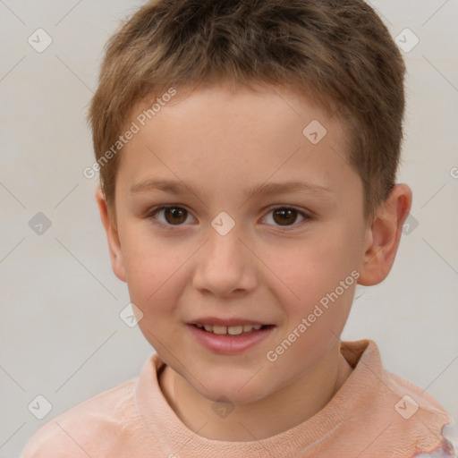 Joyful white child male with short  brown hair and brown eyes