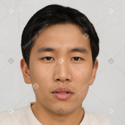 Neutral asian young-adult male with short  black hair and brown eyes