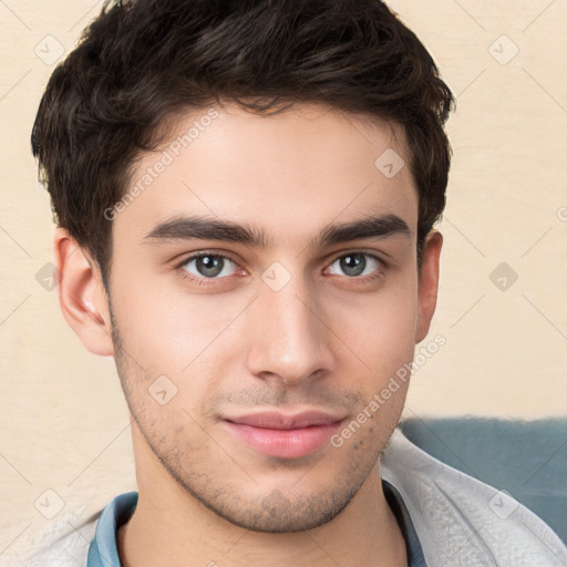 Neutral white young-adult male with short  brown hair and brown eyes