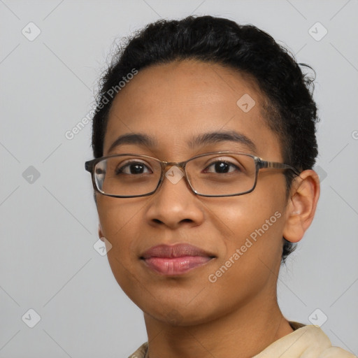 Joyful latino young-adult female with short  black hair and brown eyes