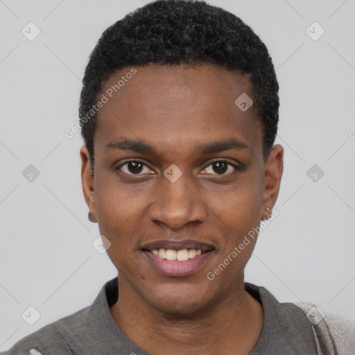 Joyful black young-adult male with short  black hair and brown eyes