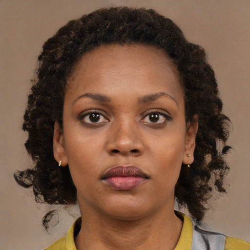 Neutral black young-adult female with medium  black hair and brown eyes