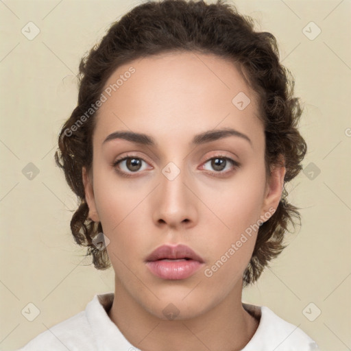 Neutral white young-adult female with medium  brown hair and brown eyes