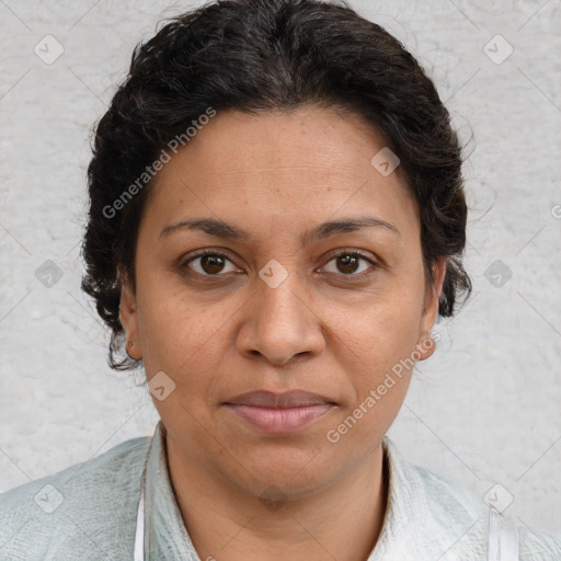 Joyful white adult female with short  brown hair and brown eyes