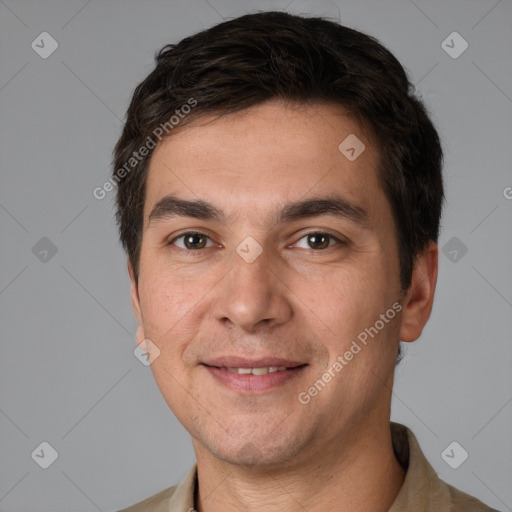 Joyful white young-adult male with short  brown hair and brown eyes