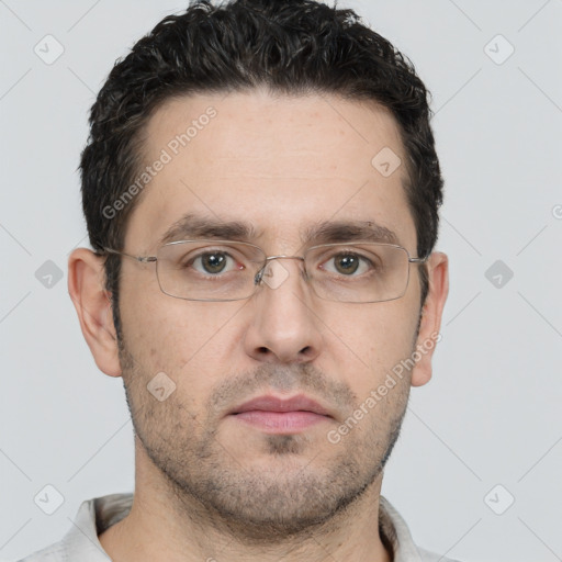 Neutral white adult male with short  brown hair and brown eyes