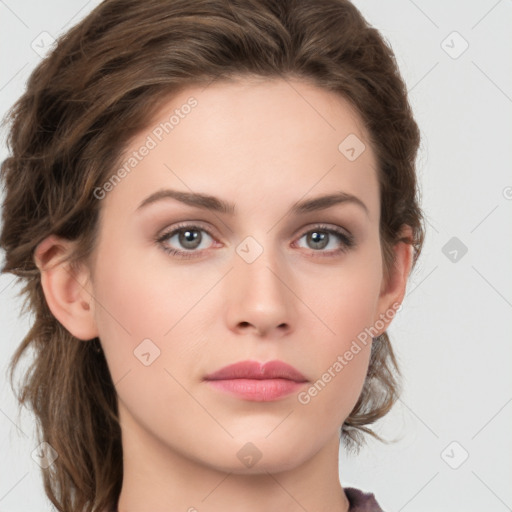 Neutral white young-adult female with medium  brown hair and grey eyes