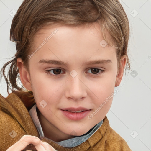 Joyful white child female with medium  brown hair and brown eyes