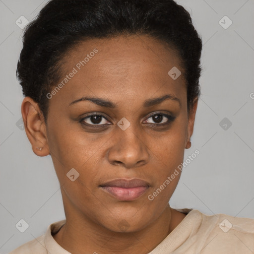 Joyful black young-adult female with short  brown hair and brown eyes