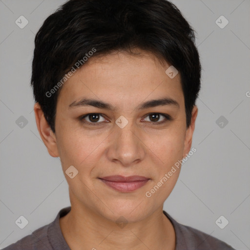 Joyful white young-adult female with short  brown hair and brown eyes