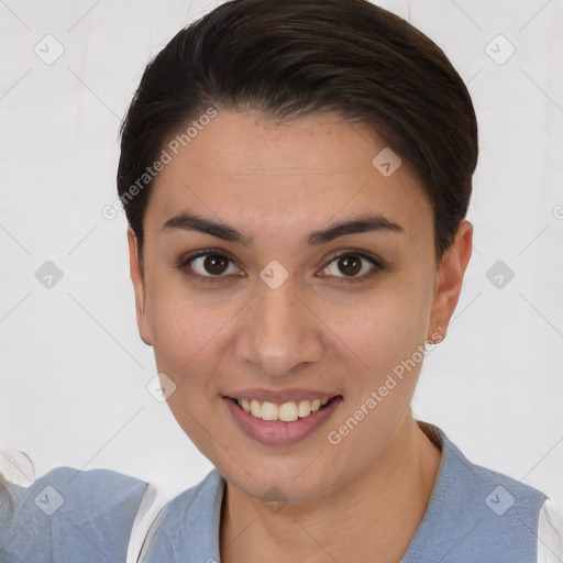 Joyful white young-adult female with short  brown hair and brown eyes