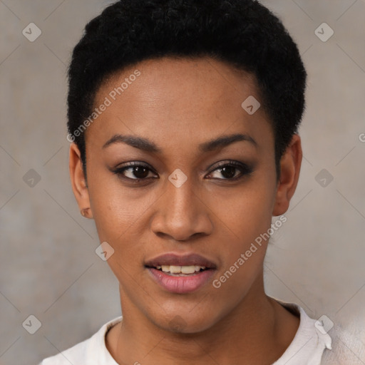 Joyful latino young-adult female with short  black hair and brown eyes