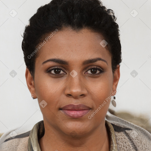 Joyful black young-adult female with short  brown hair and brown eyes