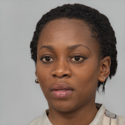 Neutral black young-adult female with short  black hair and brown eyes