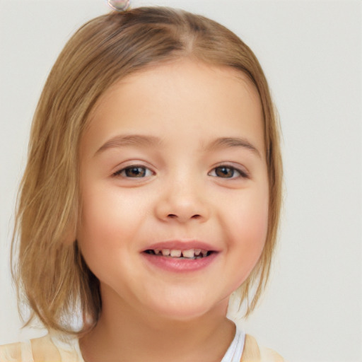 Joyful white child female with medium  brown hair and brown eyes