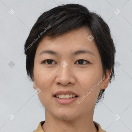 Joyful asian young-adult female with medium  black hair and brown eyes