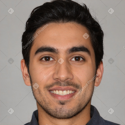 Joyful latino young-adult male with short  black hair and brown eyes