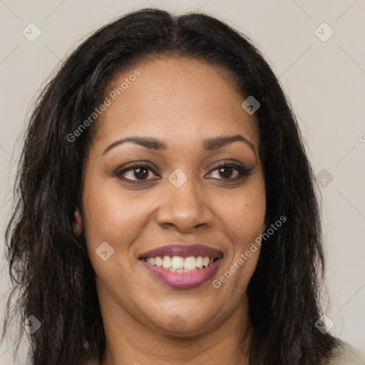 Joyful latino young-adult female with long  brown hair and brown eyes