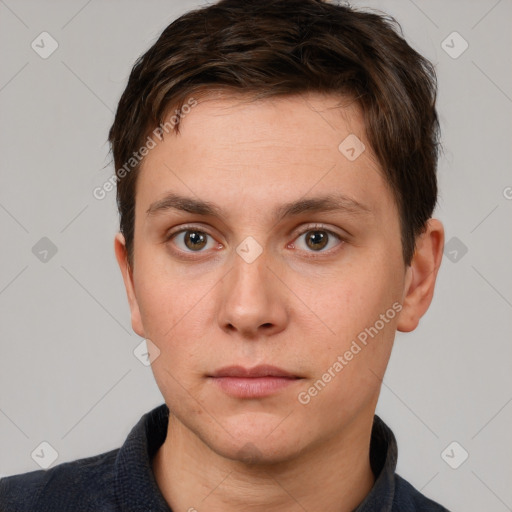 Neutral white young-adult male with short  brown hair and brown eyes