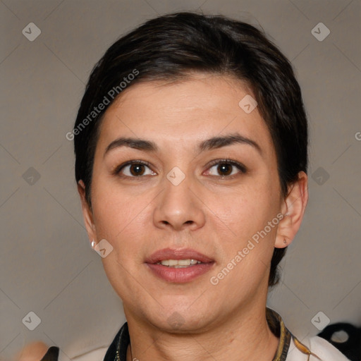 Joyful white young-adult female with short  brown hair and brown eyes