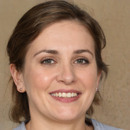 Joyful white adult female with medium  brown hair and grey eyes