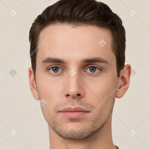 Neutral white young-adult male with short  brown hair and brown eyes