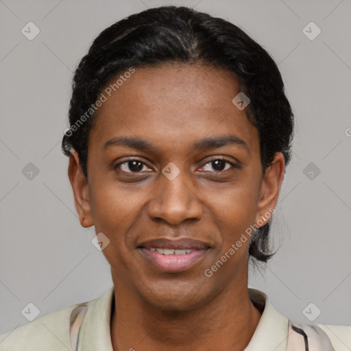 Joyful black young-adult female with short  black hair and brown eyes