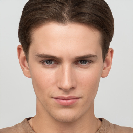 Neutral white young-adult male with short  brown hair and brown eyes