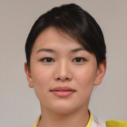 Neutral asian young-adult female with short  brown hair and brown eyes