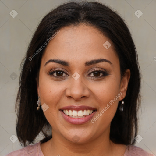 Joyful latino young-adult female with medium  brown hair and brown eyes