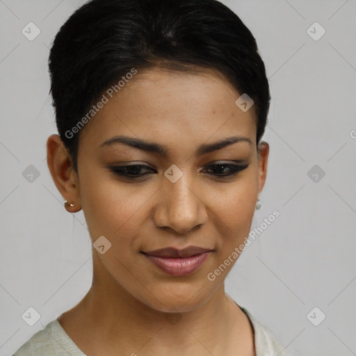 Joyful latino young-adult female with short  brown hair and brown eyes